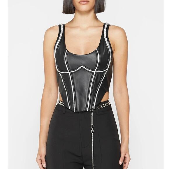 Maniere de Voir Corset Top Black Vegan Leather Rhinestone Embellished